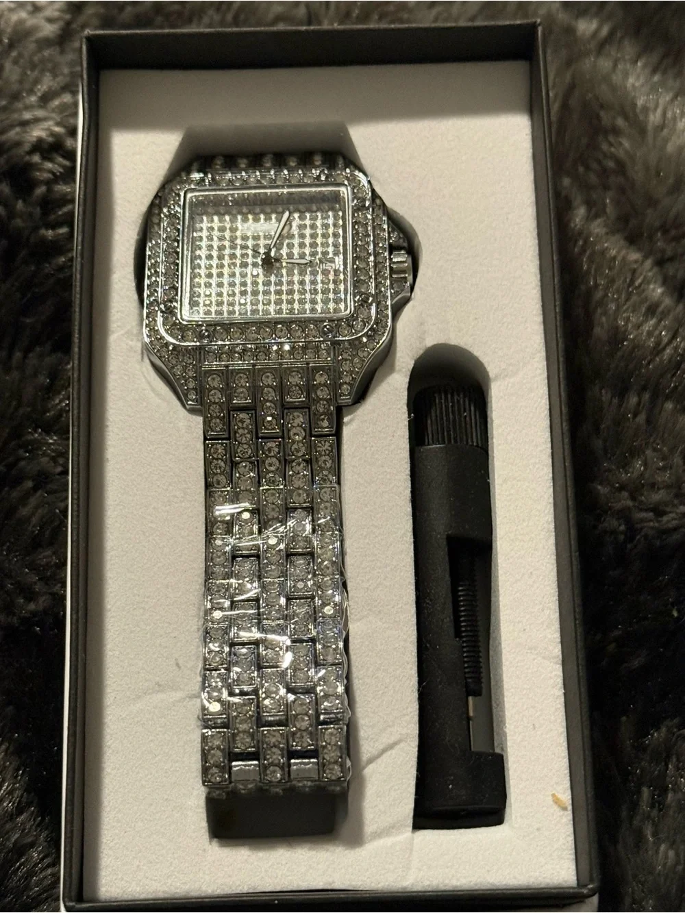 Men’s Pave Crystal Square Bracelet Watch — Silver